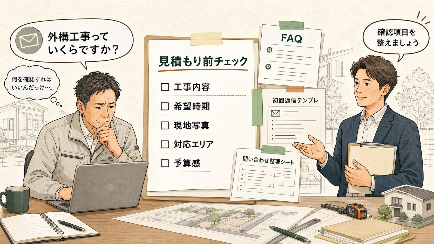 住宅・リフォーム会社向けに、見積もり前の問い合わせ対応、FAQ、初回返信テンプレ、確認項目を整理するサービスのイメージ