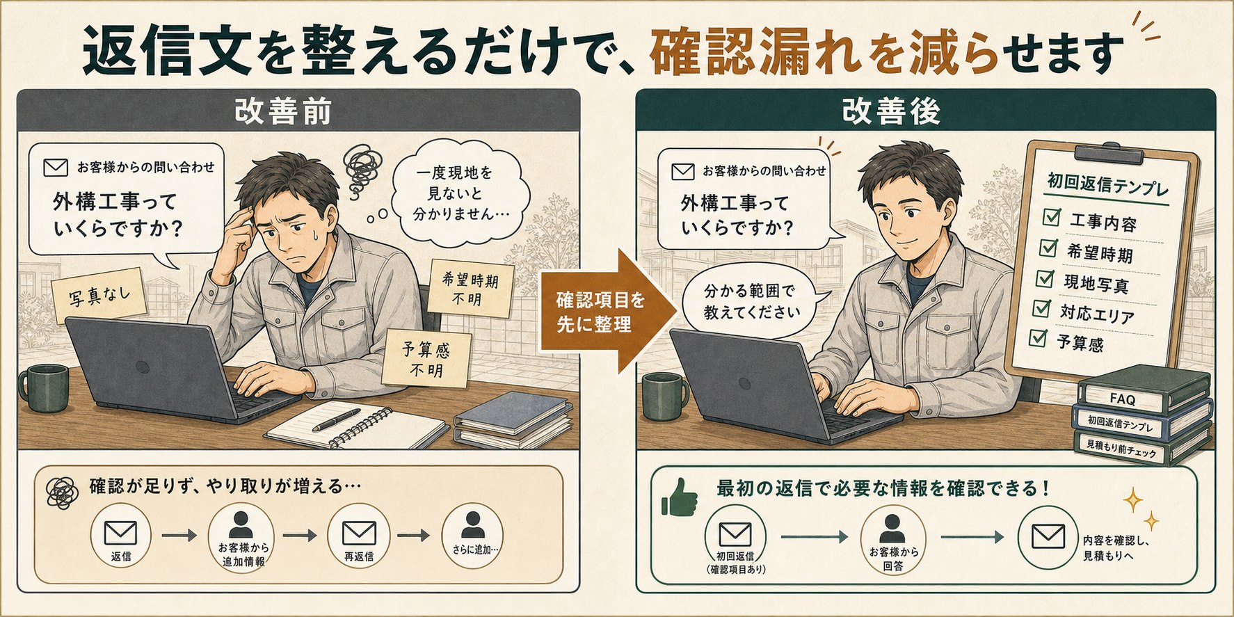 改善前は確認が足りずやり取りが増え、改善後は初回返信テンプレと確認項目で見積もり前の情報を整理できることを示した比較漫画