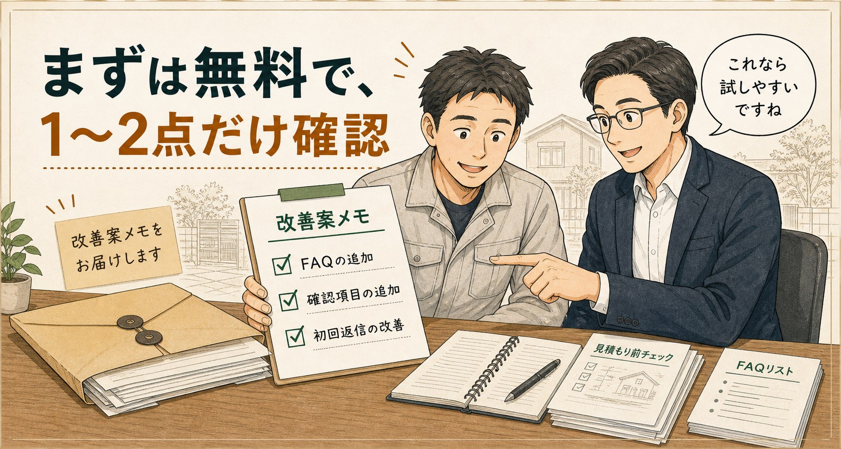 まずは無料で1〜2点だけ改善案を確認できることを伝える一コマ漫画