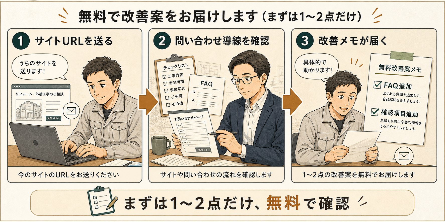 サイトURLを送り、問い合わせ導線を確認し、無料改善案メモが届く流れを示した3ステップ漫画