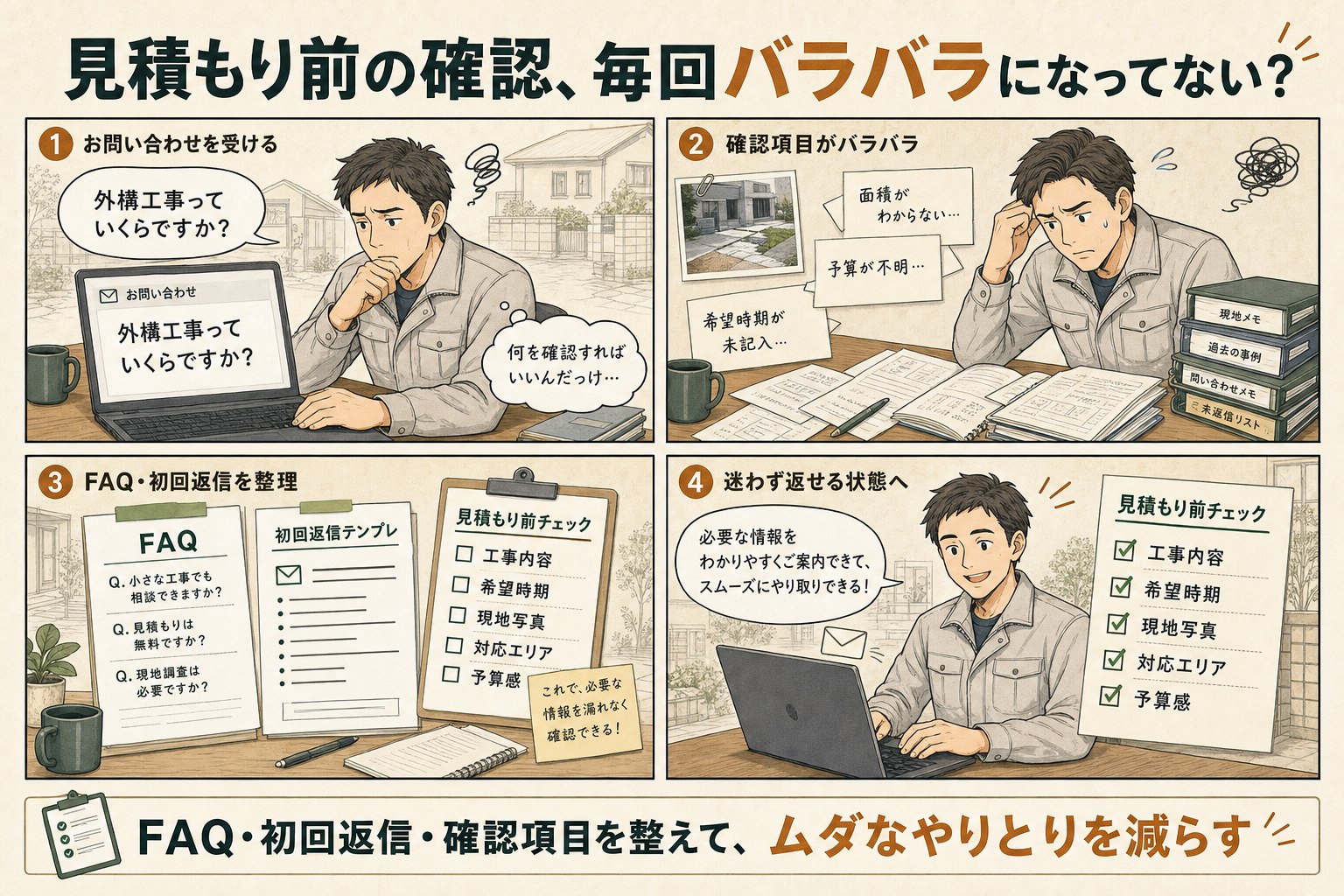 見積もり前の確認が毎回バラバラになり、FAQ・初回返信・確認項目を整えて迷わず返せる状態にする流れを示したWEB漫画