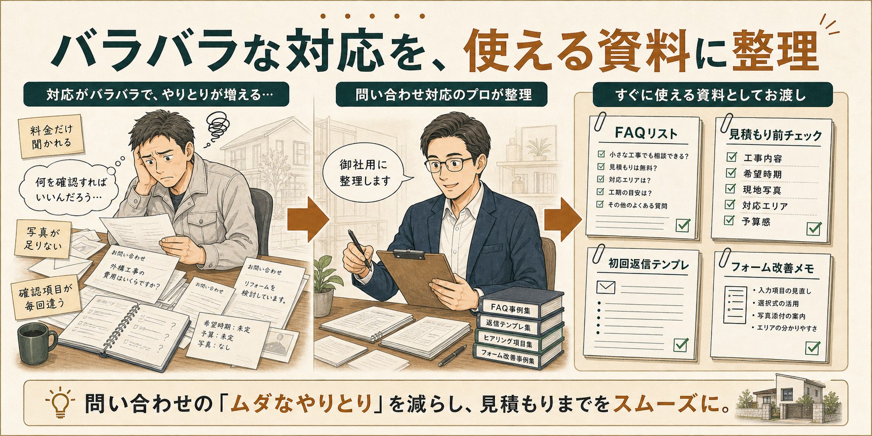 バラバラな問い合わせ対応をFAQリスト、見積もり前チェック、初回返信テンプレ、フォーム改善メモに整理する流れを示した漫画